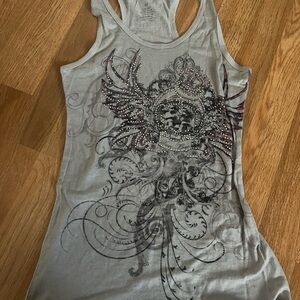 Embellished Light Gray Racerback Tank Top with Ornate Graphic